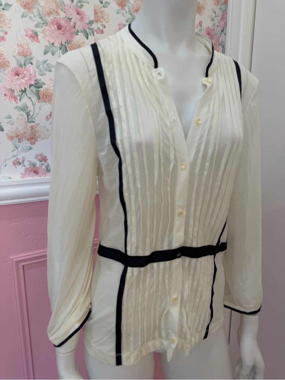 The Limited Cream Pintuck Blouse with Black Trim